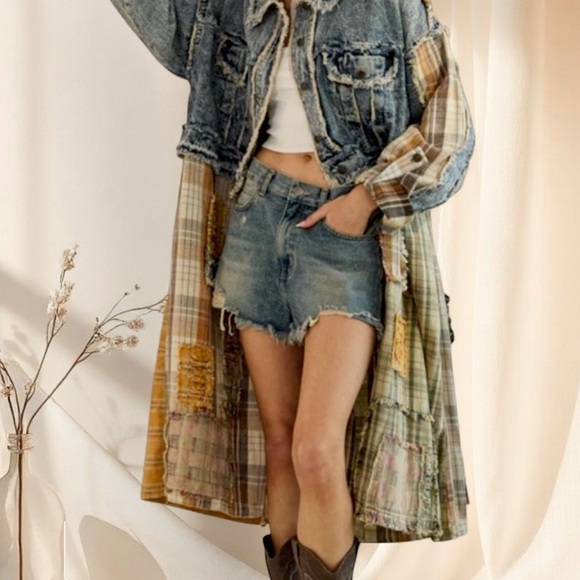 Oli & Hali The Rodeo Poet Jacket | Denim Patchwork Longline Shirt Coat - Picture 3 of 12